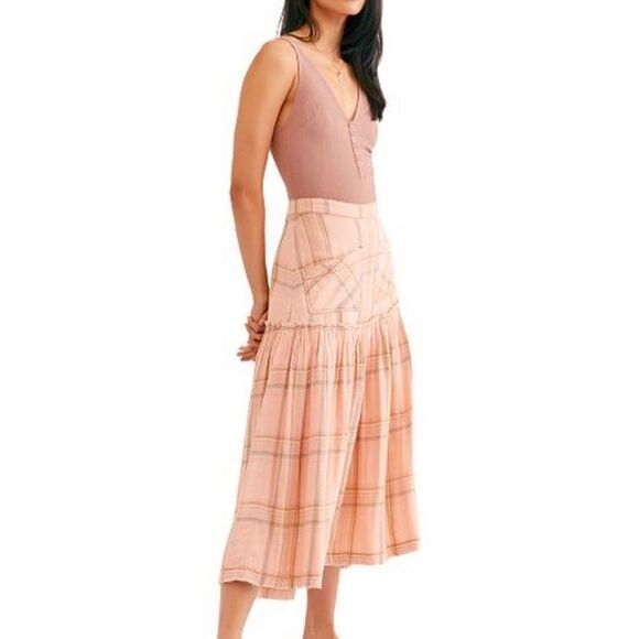 Free People Plaid Fever Midi Skirt Peach size 6 A-Line Boho - Picture 1 of 10